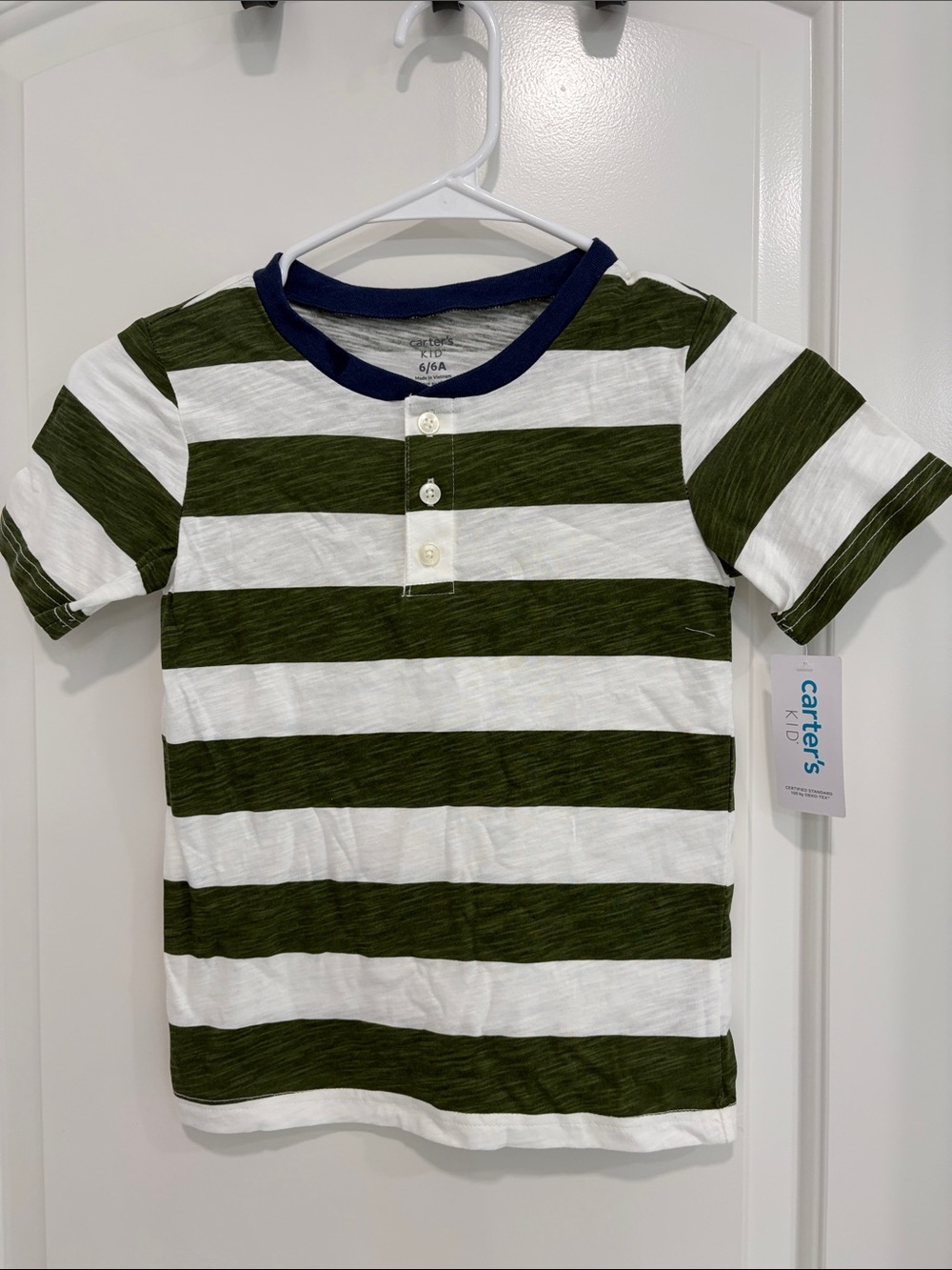 NEW NWT Carter's size 6 Olive Green & White Striped Henley Tee with Navy Trim